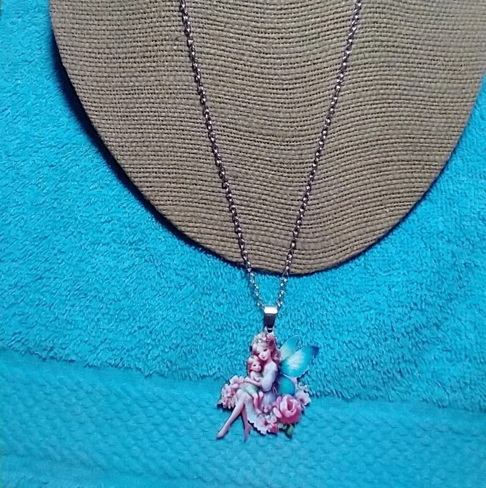 Fairy Pendant with Blue Wings and Pink Flowers chain necklace